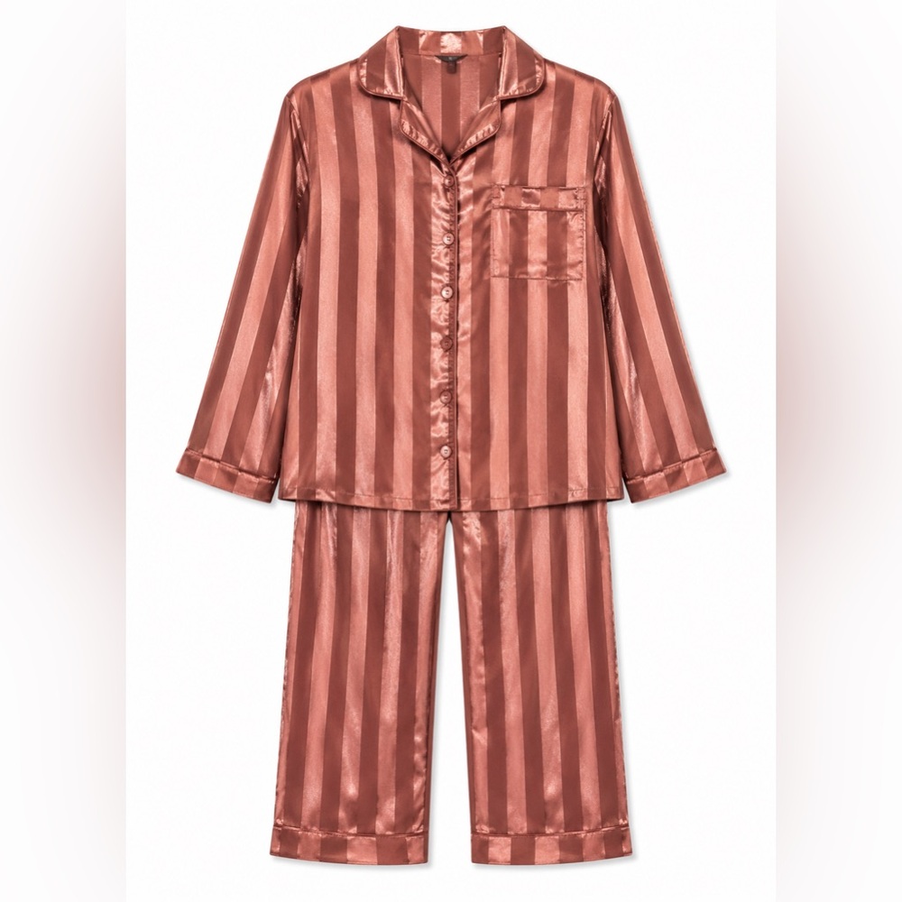 Women’s Satin Stripe Pajama Set - Rose Copper - Picture 1 of 4